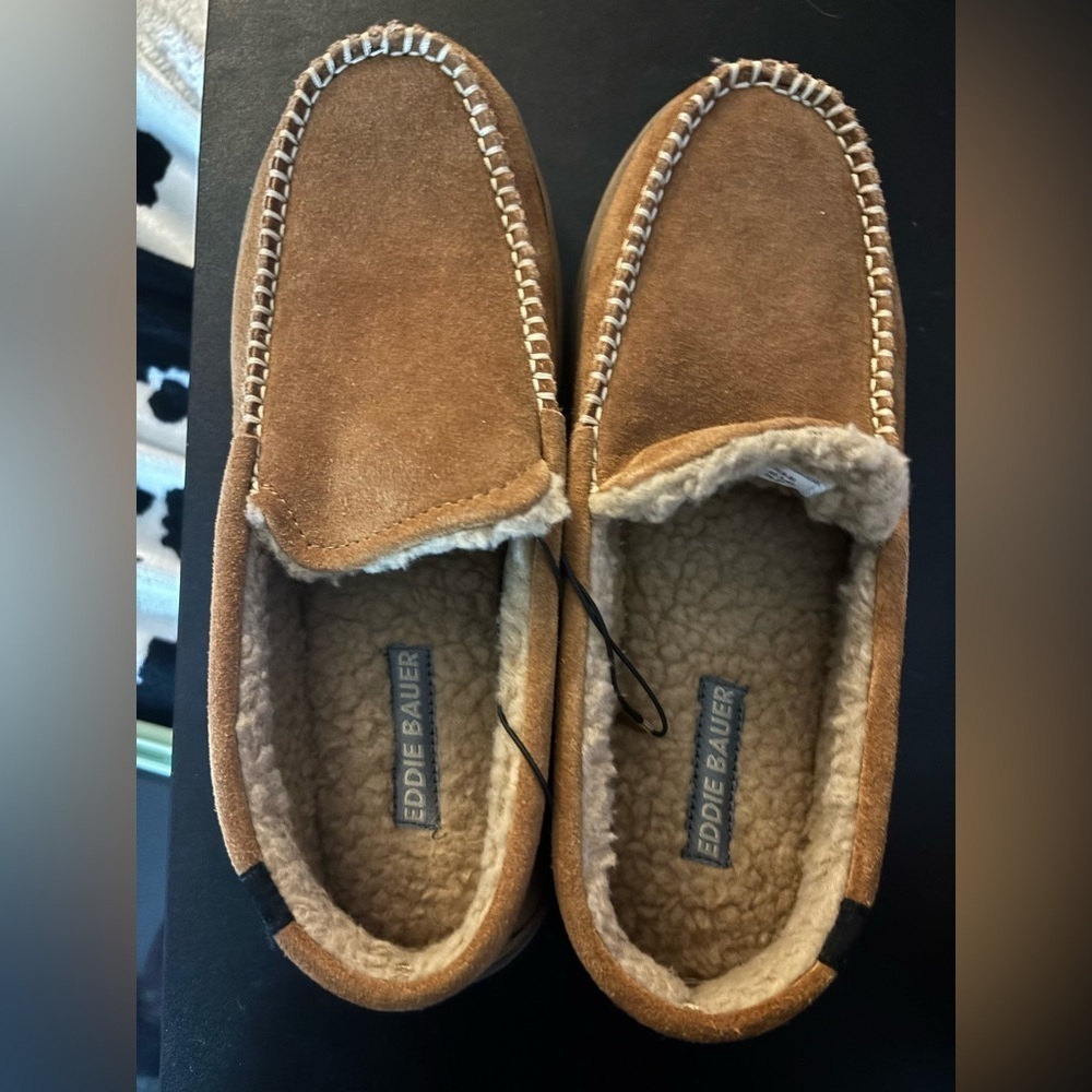 Eddie Bauer Men Slipper Brown Suede Memory Foam Faux Fur Loudon MED (8-9)